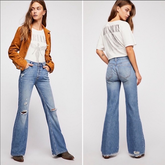 Free People Denim - We the Free Wide Leg Flare Distressed Buttonfly Jeans